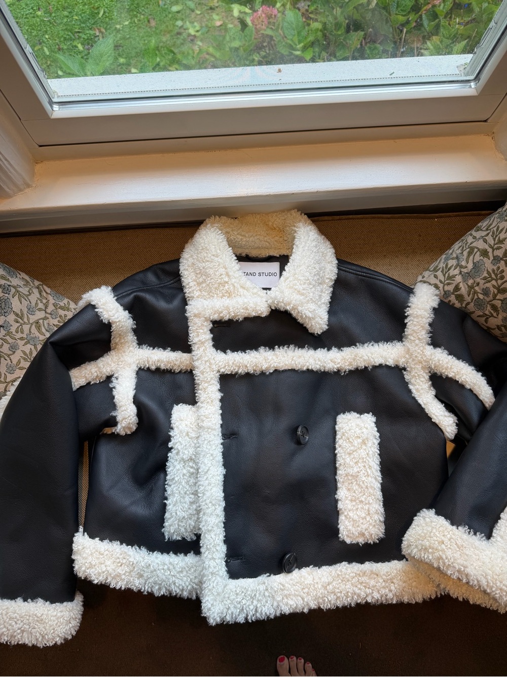 Stand Studio Black Shearling-Trim Faux-Leather Bomber Jacket